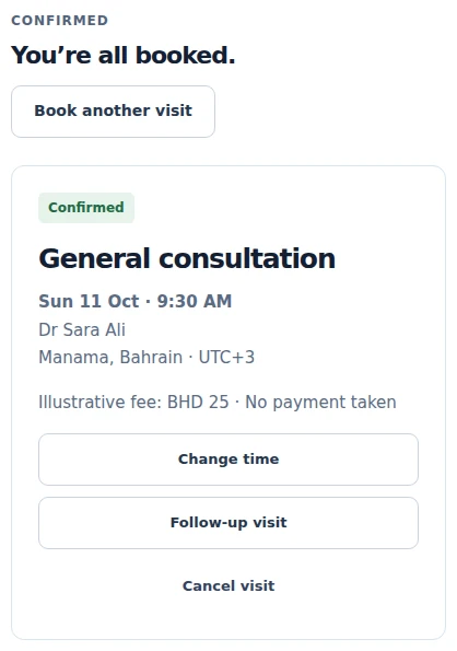Actual prototype sample appointment for a general consultation, with change time, follow-up visit and cancel controls. No appointment or payment is made.