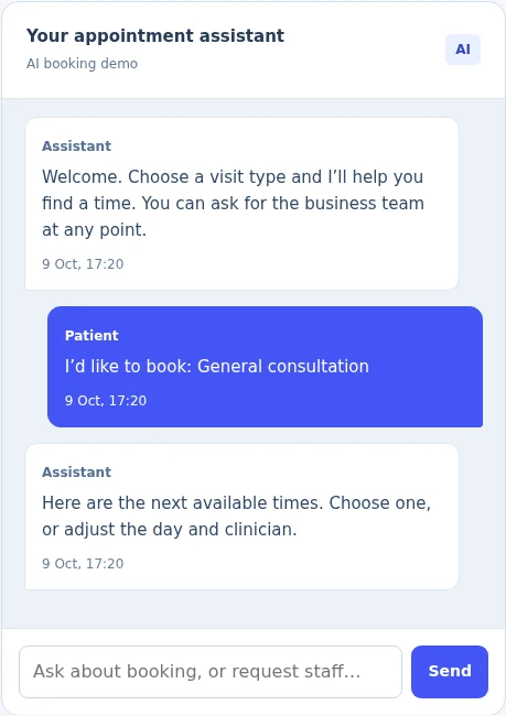 Fictional ClinicFlow patient booking screen showing the sample appointment request journey.